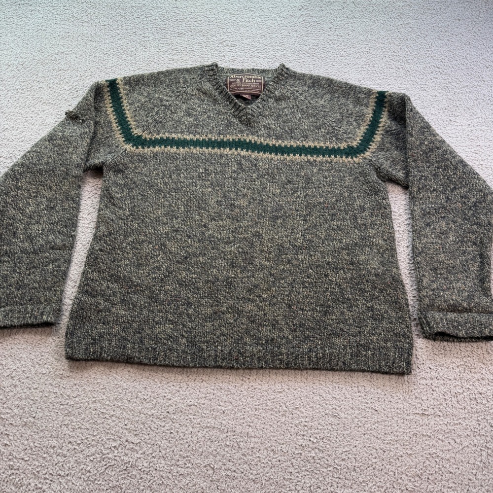 Vintage Abercrombie & Fitch Wool V-Neck Sweater Grey Green Stripe Mens Large